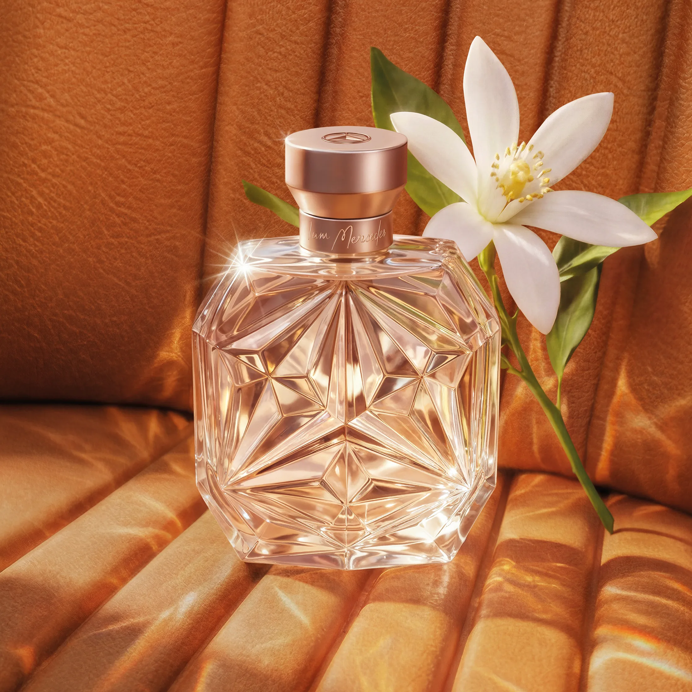 Bottle with white flower on tan leather seat