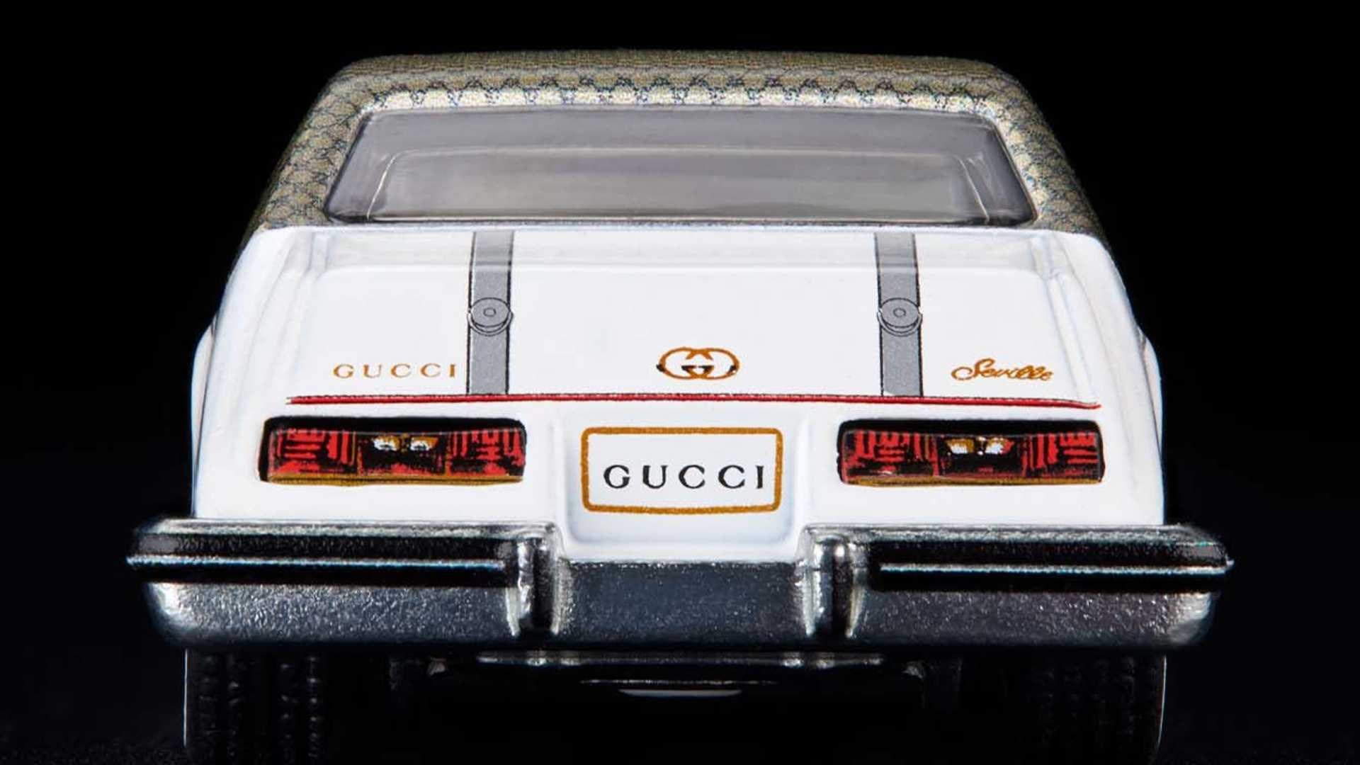 Rear of white Hot Wheels Gucci Cadillac Seville