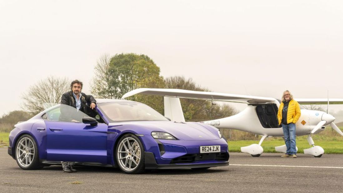 Richard Hammond and James May in car-versus-plane EV race.