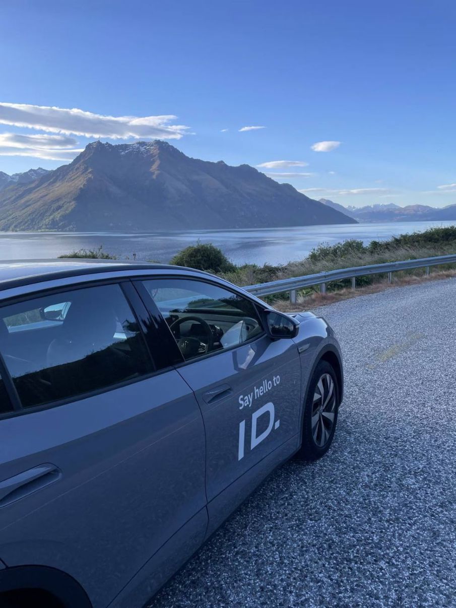 The ID.5 parked up at one of the many photo-stop spots on the shores of Lake Wakatipu, between Kingston and Queenstown.