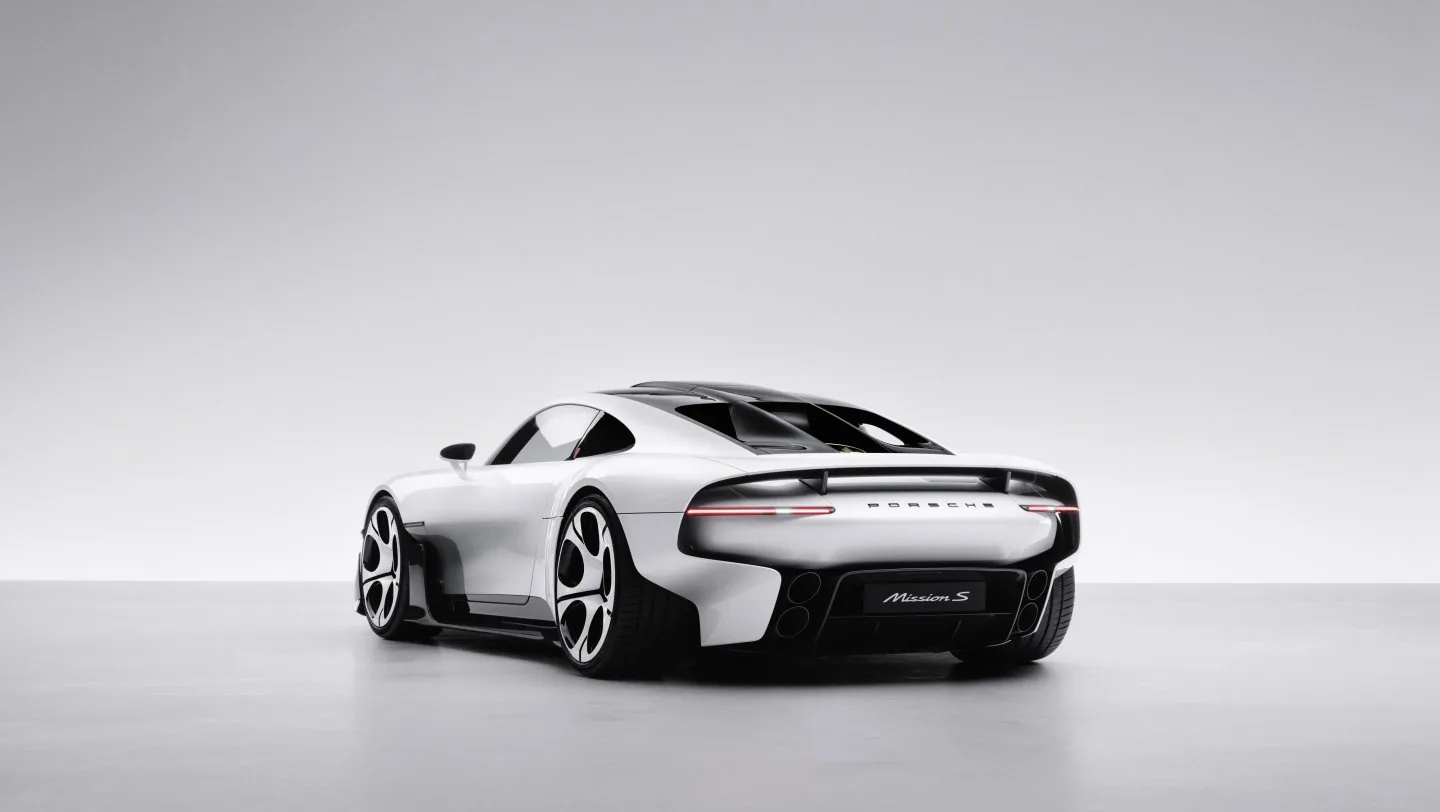Mission S rear-three-quarter studio view showing rear form.