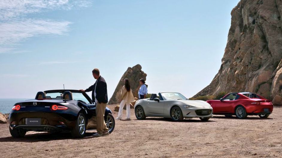 Three 2024 Mazda MX-5 cars side by side