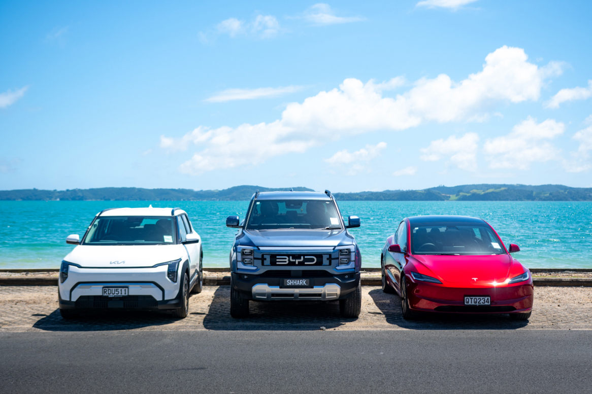 Kia EV3, BYD Shark 6 and Tesla Model 3.