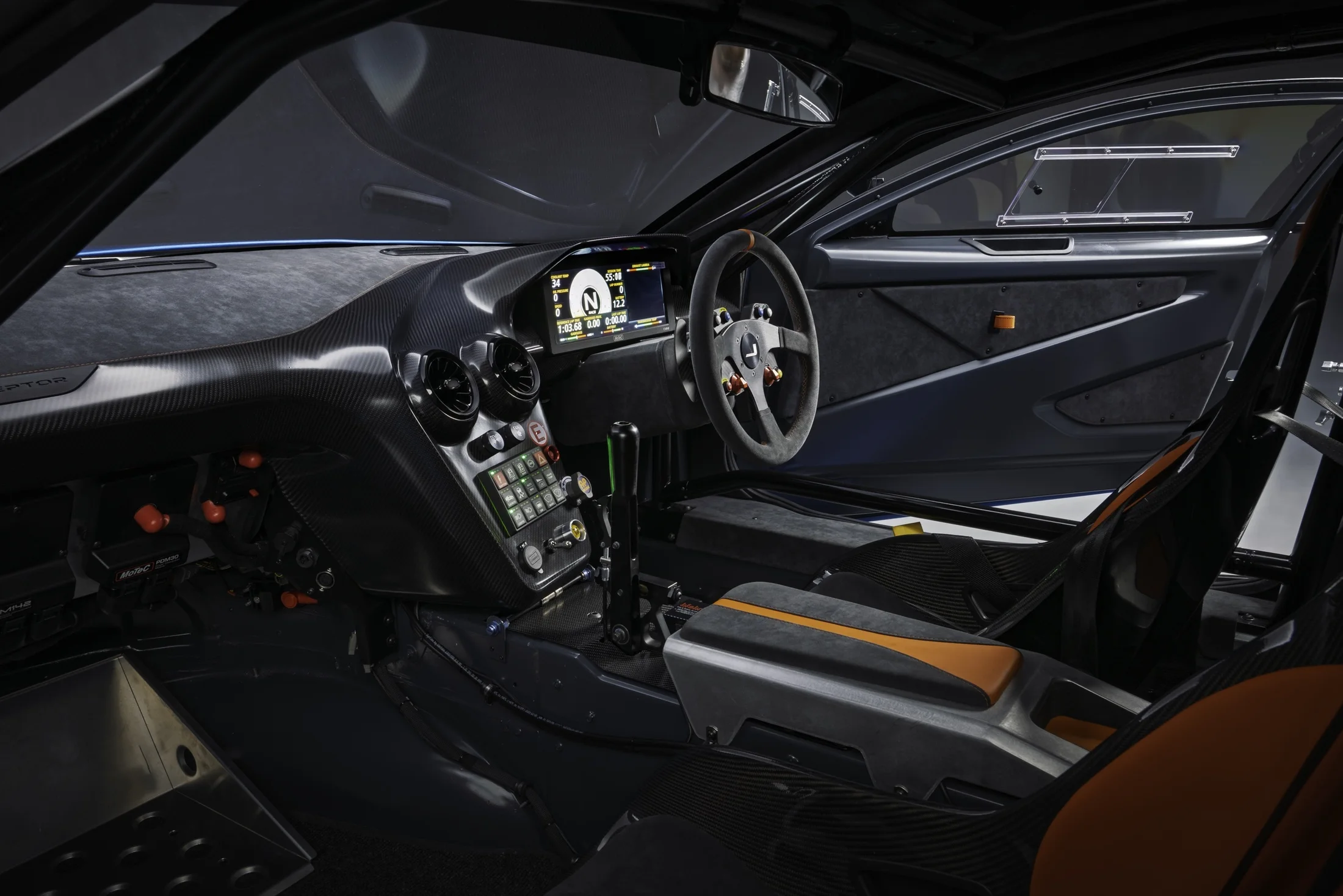 Jensen Interceptor GTX cabin with sequential lever and MoTeC display.