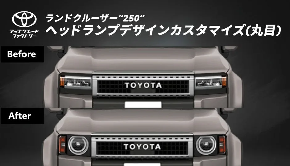 Official before-and-after illustration of the Japanese Land Cruiser 250 headlamp conversion.
