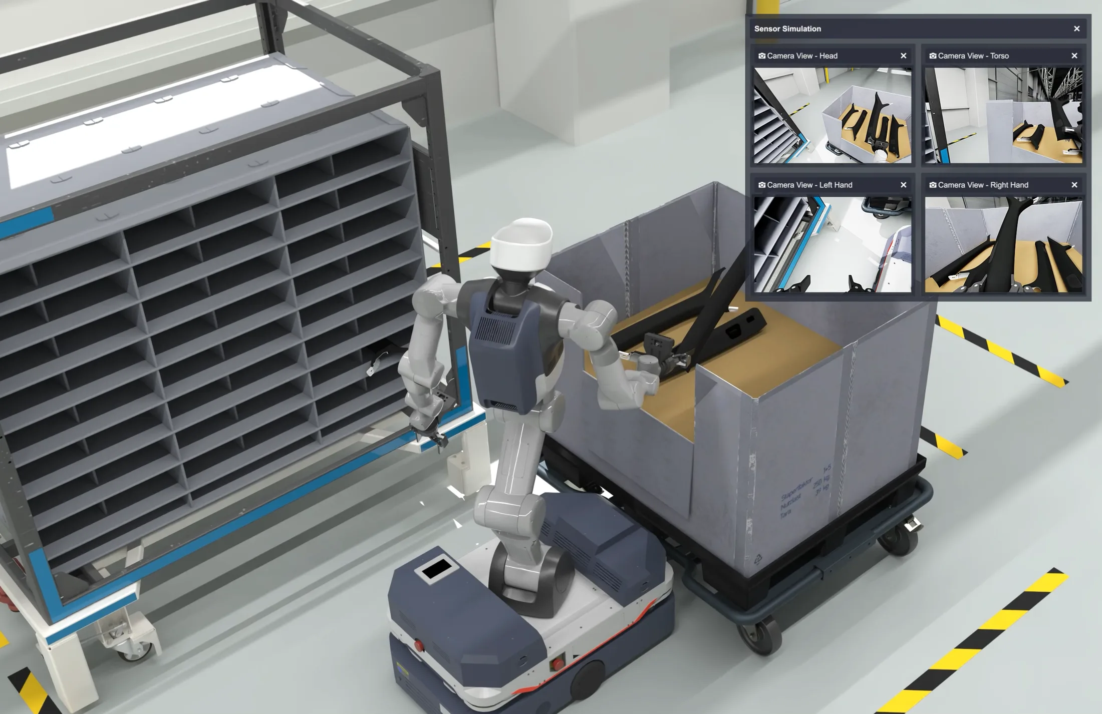 Simulated representation of the robot task and virtual logistics environment.